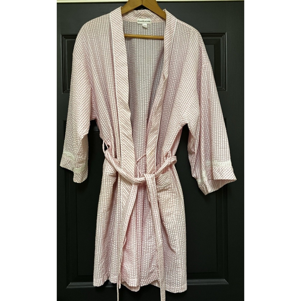 Vintage Miss Elaine Size L Pink Gingham Seersucker‎ Robe Cottage Coastal Grandma